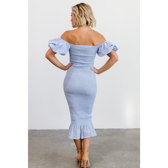 Baltic Born Alana Smocked Midi Dress Blue Stretch Off Shoulder Size M Worn once - Picture 4 of 10